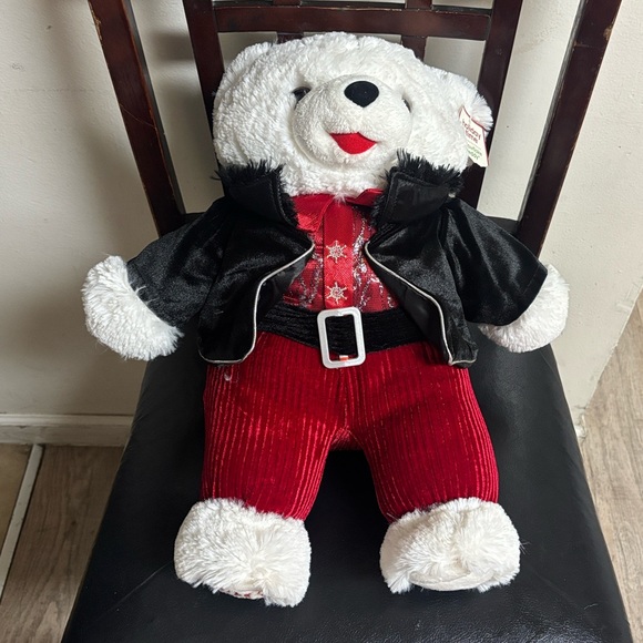 Festive White Teddy Bear in Black Jacket and Red Outfit 19 in - Picture 3 of 7